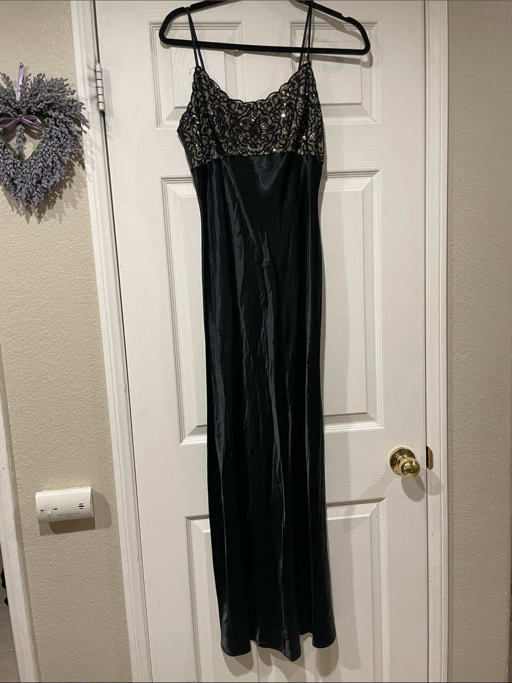 Jessica McClintock Black Satin Maxi Dress with Gold Beaded Bodice
